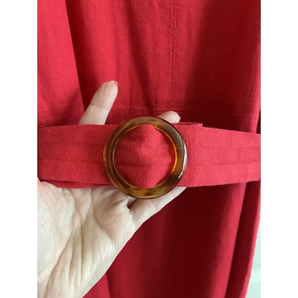 ANN TAYLOR LOFT 2024 Cherry Red Linen Blend Belted Flutter Sleeve Midi Dress 10 - Picture 4 of 14